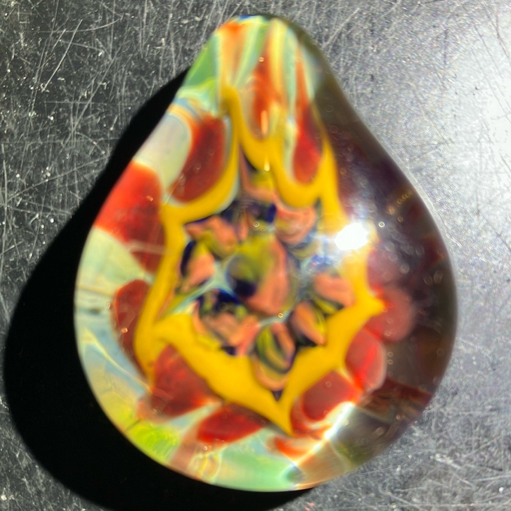 Hand made multicolored blown glass pendant. Preowned